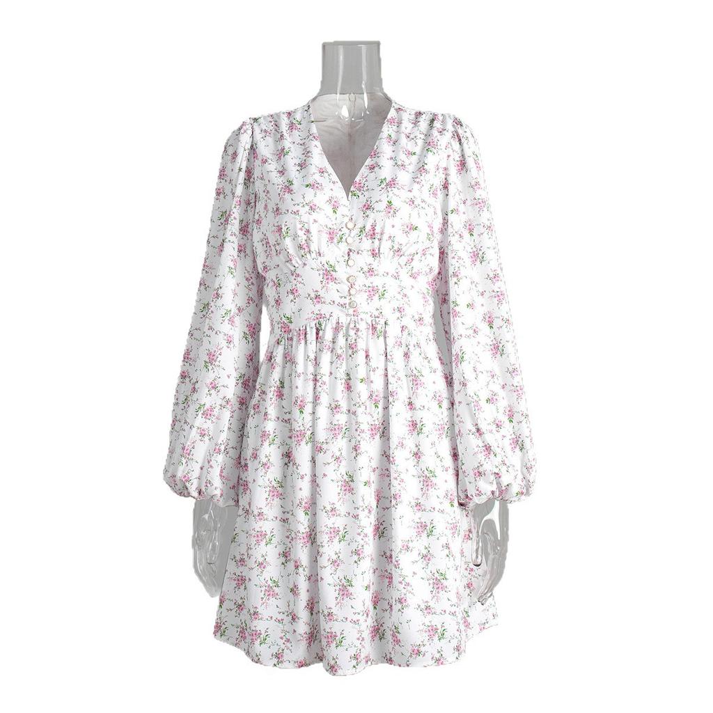 Printed long-sleeved dress, European, American spring and summer new lantern sleeves V waist short long-sleeved dress