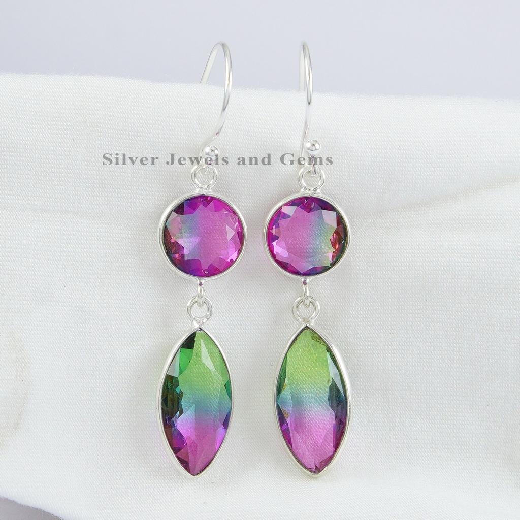 Watermelon Tourmaline Quartz 925 Sterling Silver Dangle Earrings