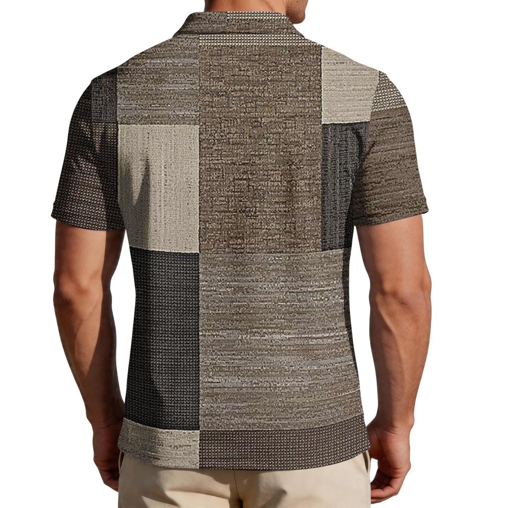 Mens Loose Fit Casual Plaid Print Short Sleeve Polo Shirt Classic Turn Down Collar Soft Lightweight Top
