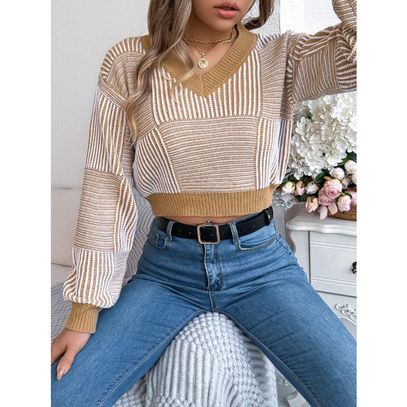 Lässiger Pullover mit gestreiften Laternenärmeln für Damen im Herbst und Winter