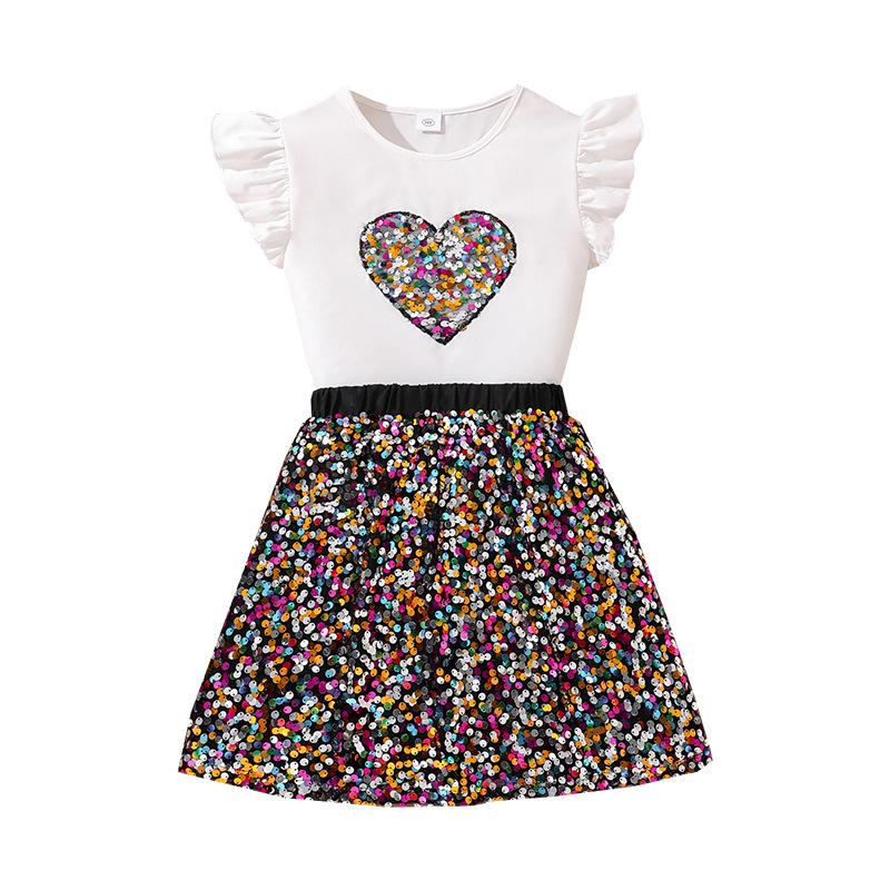 Girls' Leisure Suit 2025 Spring/Summer Children's Sequin Short Skirt Love Short Sleeve Top Two-piece Set