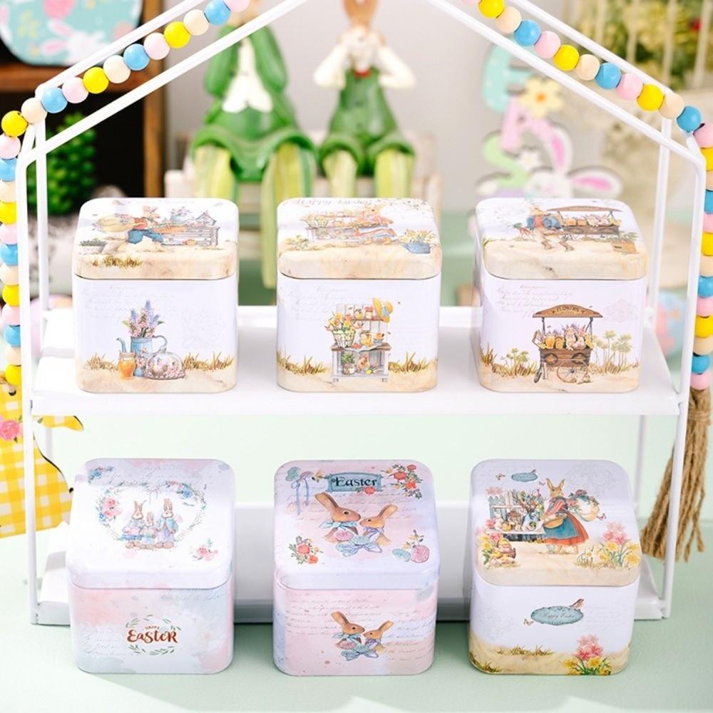 Iron Material Easter Gifts Box Square Shape Rabbit Tin Storage Box  Candy Storage