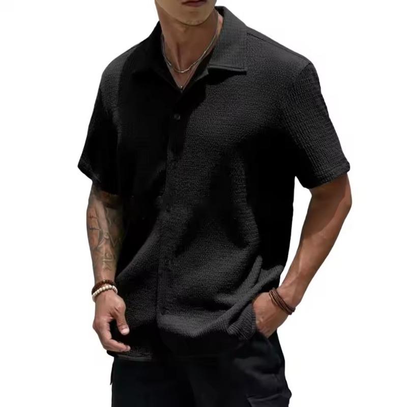 Men Business Shirt Men Solid Color Shirt Men's Summer Button-down Cardigan with Turn-down Collar Short Sleeves Loose