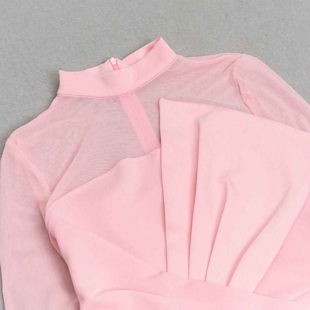 Elegant European & American Style Round Neck Mesh Long Sleeve Bodycon Dress