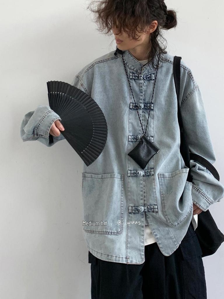Unisex Retro Frog Button Denim Shirt: Versatile Blue Stand Collar Jacket for Men & Women