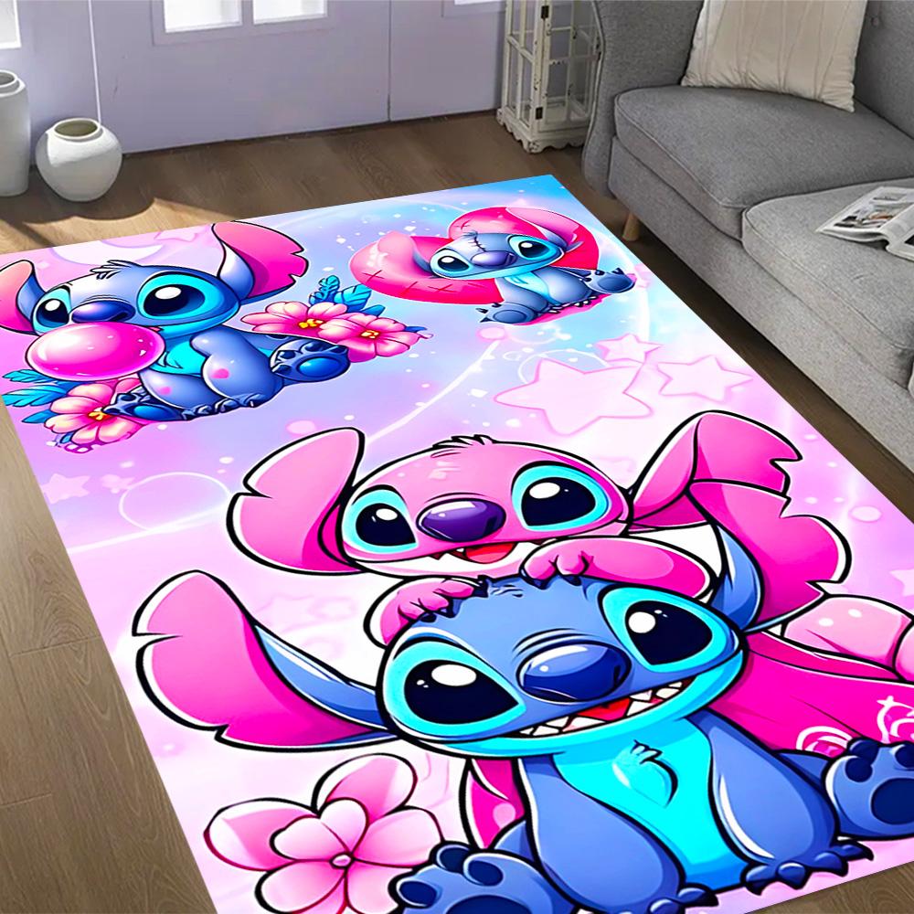 Stitch Adventure In Flowers Disney Cartoon Theme Anti-Slip Rug - Polyester, Home Decor, Suitable for Bedrooms, Living Rooms, Doorways, and Studios