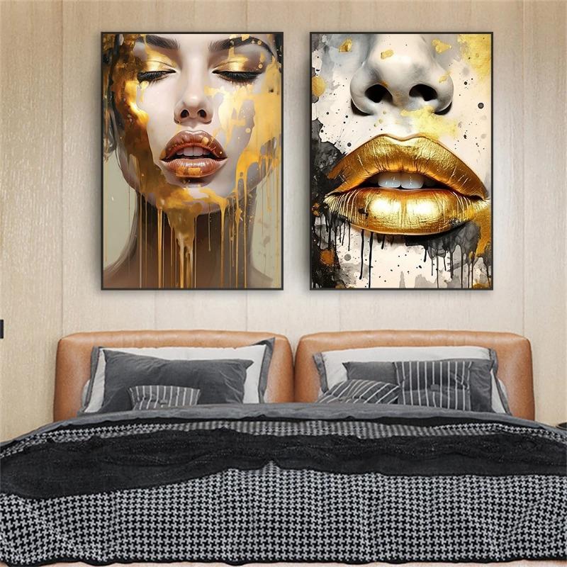 Abstract Woman Face Wallart Poster Girl Wall Art Portrait Gold Face Woman Art Print Living Decor Canvas Painting Modern Home Art