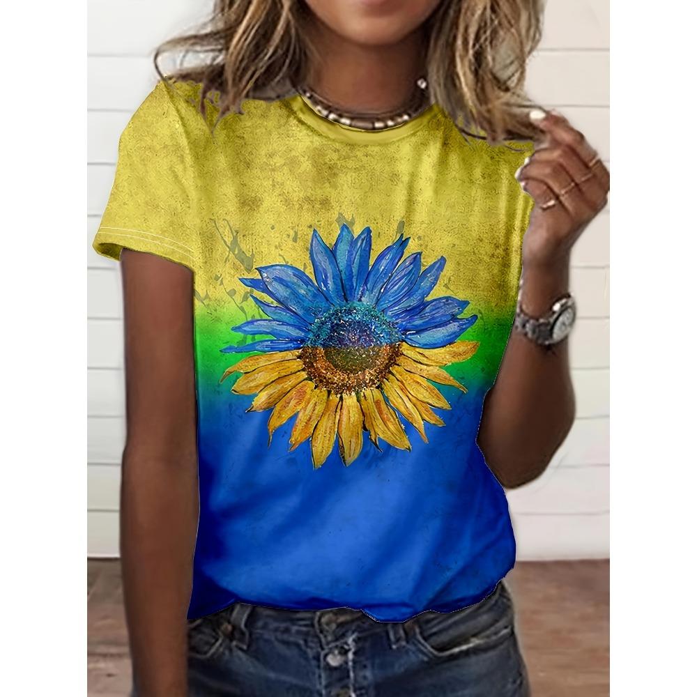 Gradient color block sunflower 3D printed women s short-sleeved T-shirt summer comfortable casual bottoming top XXS