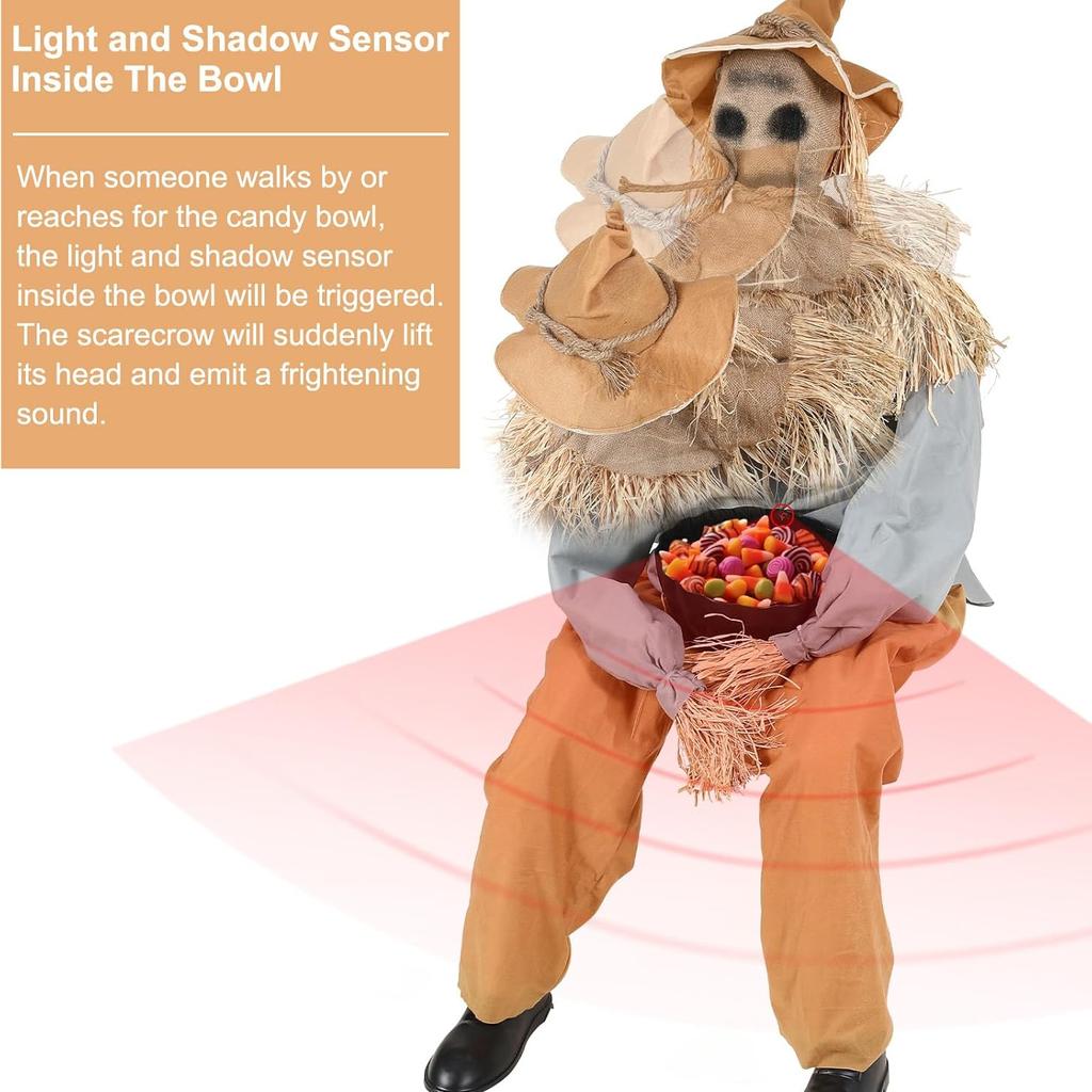 Halloween Decorations Animatronic Scary Sitting Scarecrow with Spooky Sound Glowing Eyes Props Decor for Home Party Indoor Porch Yard Decoration