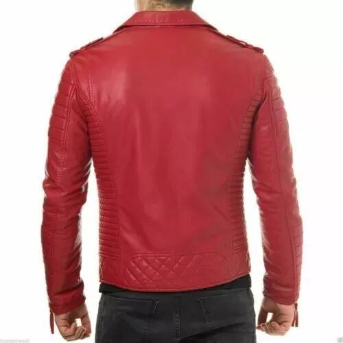 Stylish Men's Fashionable Red Biker Motor Genuine Soft Lambskin Leather Jacket