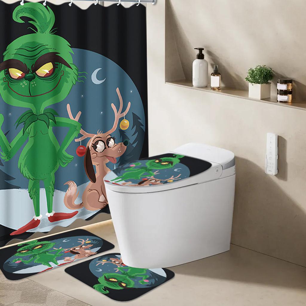 Greentown Series Shower Curtain Floor Mat Four Piece Set, Home Bathroom Dry Wet Separation Partition Shower Curtain Waterproof Shower Curtain