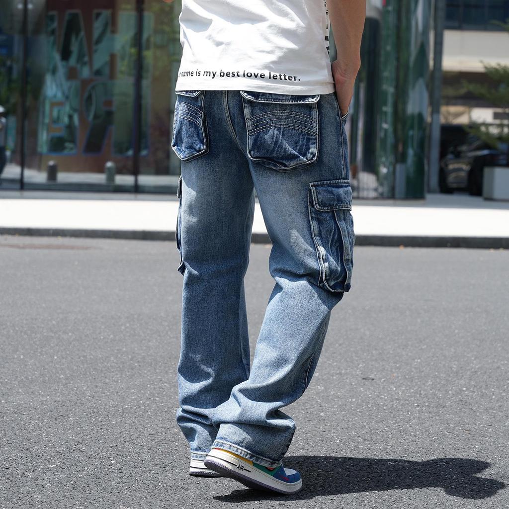 Men's American-Style Multi-Pocket Wide-Leg Loose Workwear Jeans, Large Size