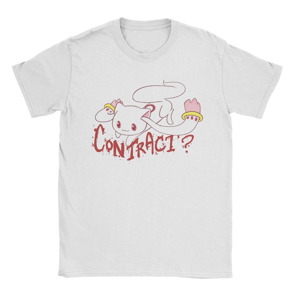 Puella Magi Madoka Magica Qbey Tshirts Men's Cotton Tops Priting Cute Kyubey Anime Round Neck Short Sleeve