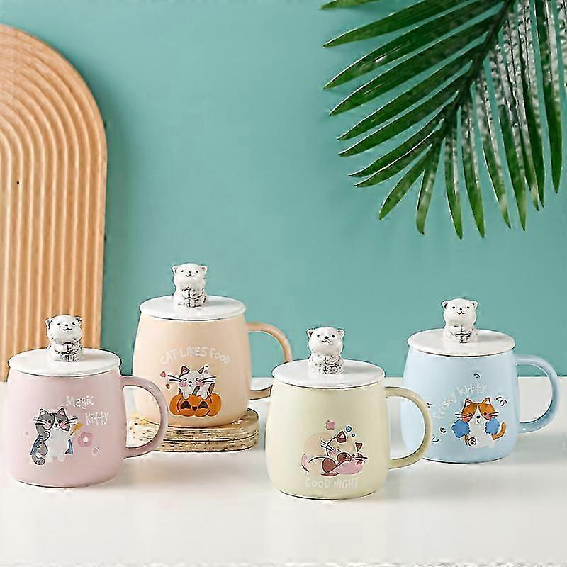 Cat Mug, Cute Ceramic Coffee Mug, with 3D Cat Shaped Lid and Spoon 8.8x8.2cm (Blue)