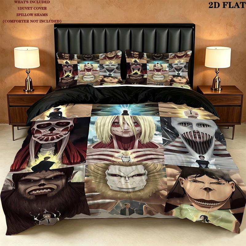 Attack Titan Pattern Bedding Quilt Set Quilt Cover Pillowcase Home Birthday Gift(1 * Duvet Cover + 2 * Pillowcase, Without Core)