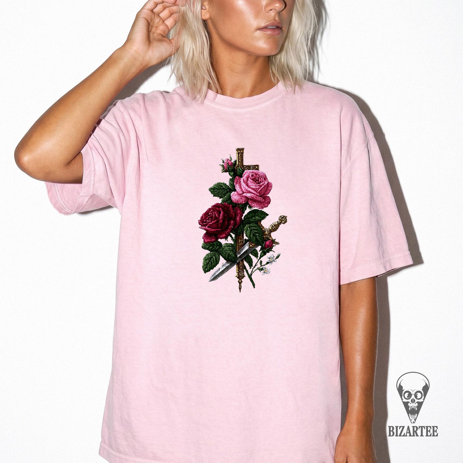 Vintage Rose Cross T-Shirt, Gothic Sword and Roses Graphic Tee, Dark Romantic Renaissance Shirt 3XL