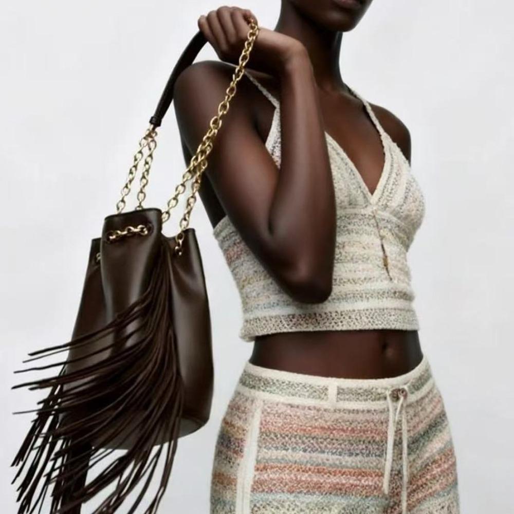 Fashion Long Tassel Bucket Bag Luxury Designer Handbag and Purses Chains Drawstring Shoulder Bag Soft PU Leather Sling Bags