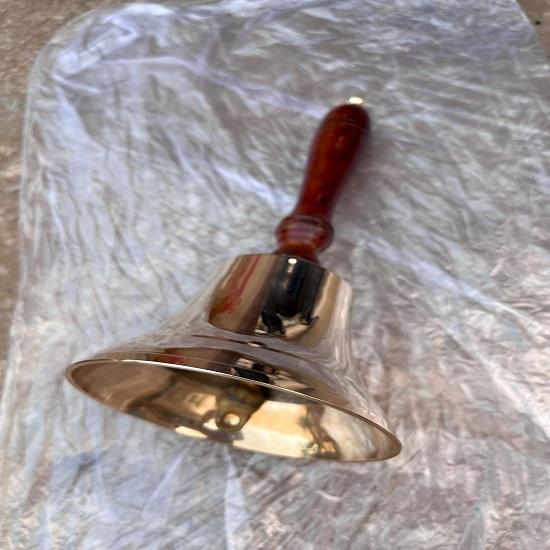 Polished Brass Hand Bell with Dark Wood Handle  Nautical Decor
