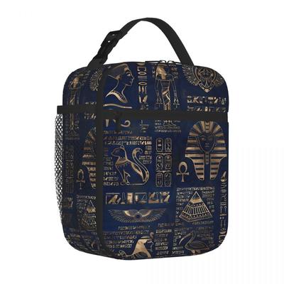 Bestselling Egyptian Hieroglyphs And Deities-gold On Blue Floral Insulated Lunch Bag Daily Meal Prep Thermal Lunch Bag