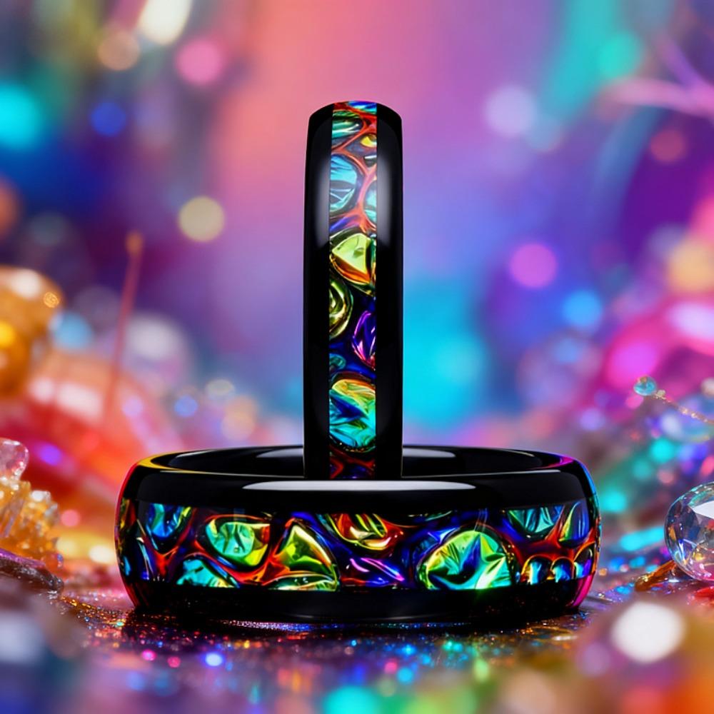 Anillos de acero inoxidable de 8 mm para hombre con diseño de cielo estrellado colorido, alianza de boda negra única, anillo para parejas con incrustaciones de mármol de colores, regalo.
