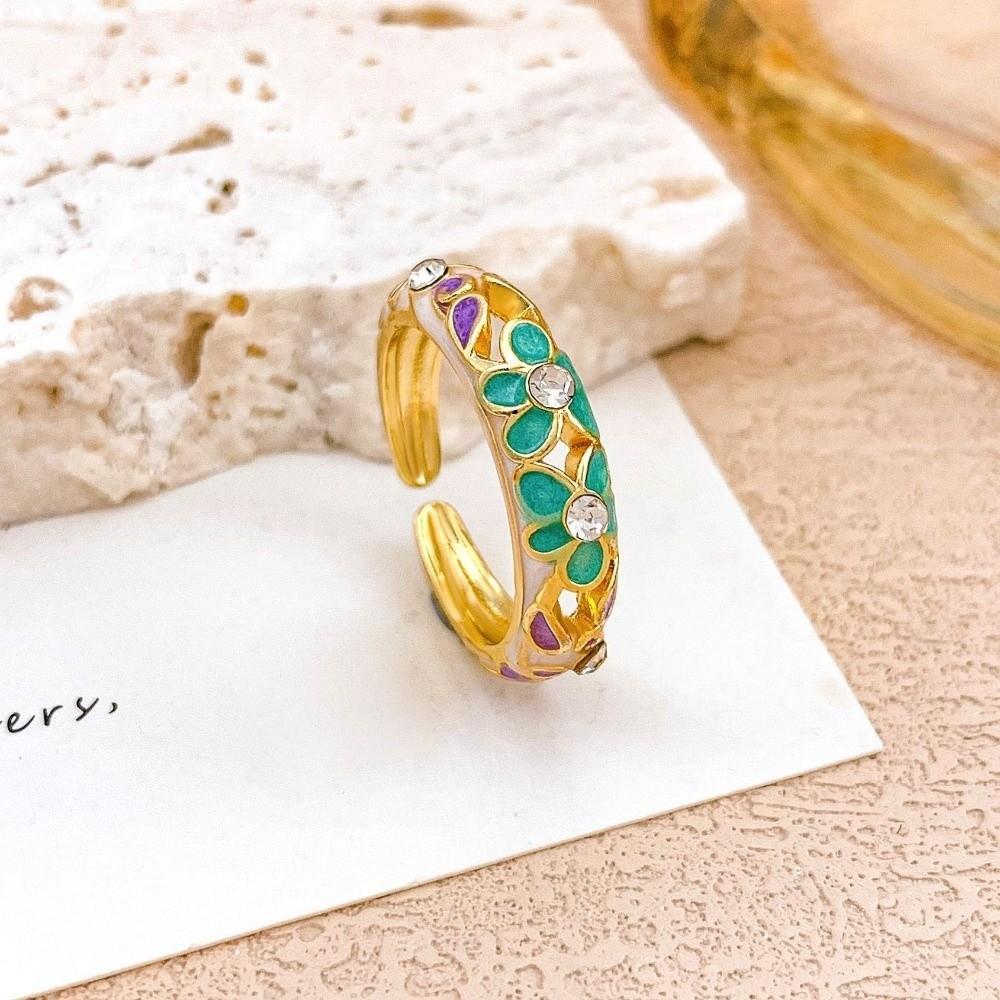 Classic Vintage Geometric Rings Engraved Gold Plated Ring Colorful Enamel Flower Rings  Engagement