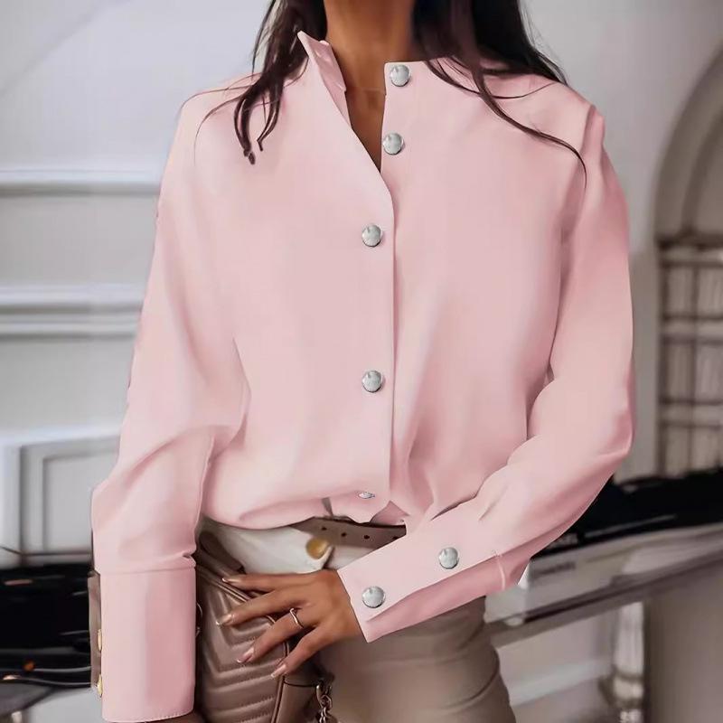 Women's Autumn Solid Color Metal Buckle Long-Sleeve Stand-Up Collar Shirt