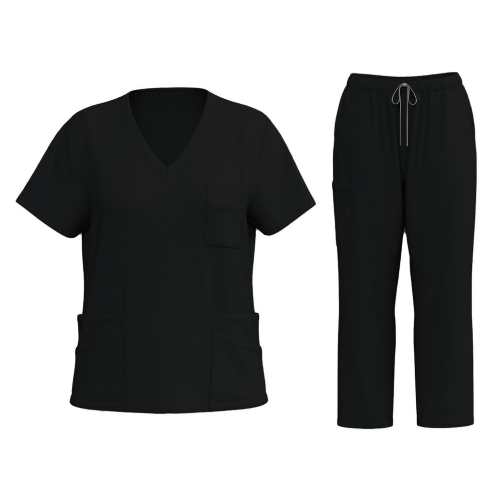 Women's Fashion Short Sleeve V Neck Pattern Tops Pocket Working Set