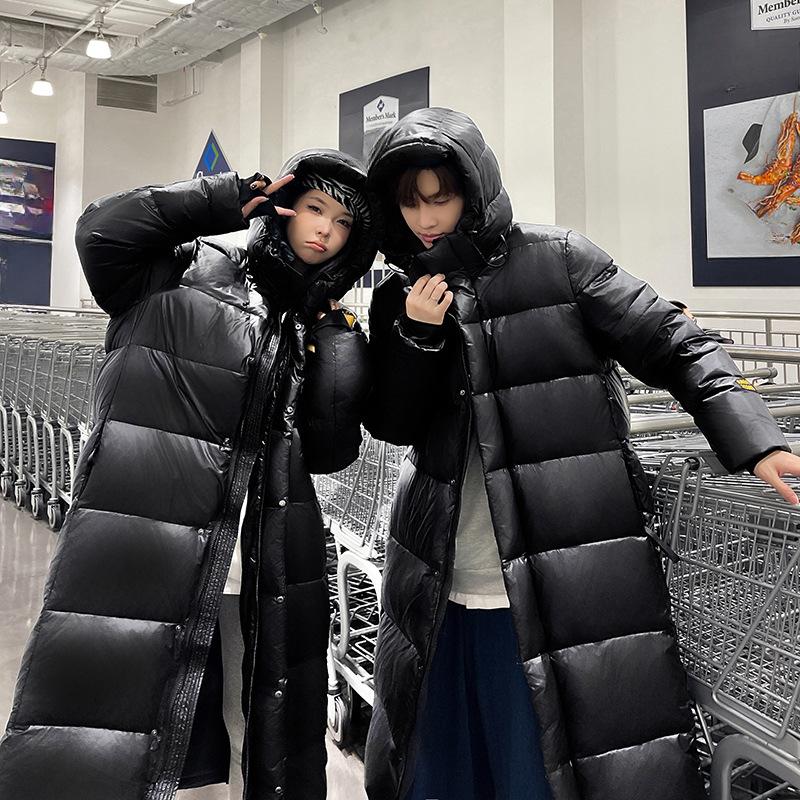 Black and Gold Long Over-the-knee Eight-lattice Down Jacket for Men and Women with Hood and Velvet Thickened White Goose Down Jacket