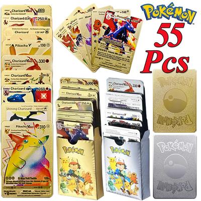 55Pcs Gold Foil Assorted Playing Cards VSTAR GX EX VMAX MEGA TAG TEAM Energy Trainer Charizard Pikachu Rare Pokemon Cards G09