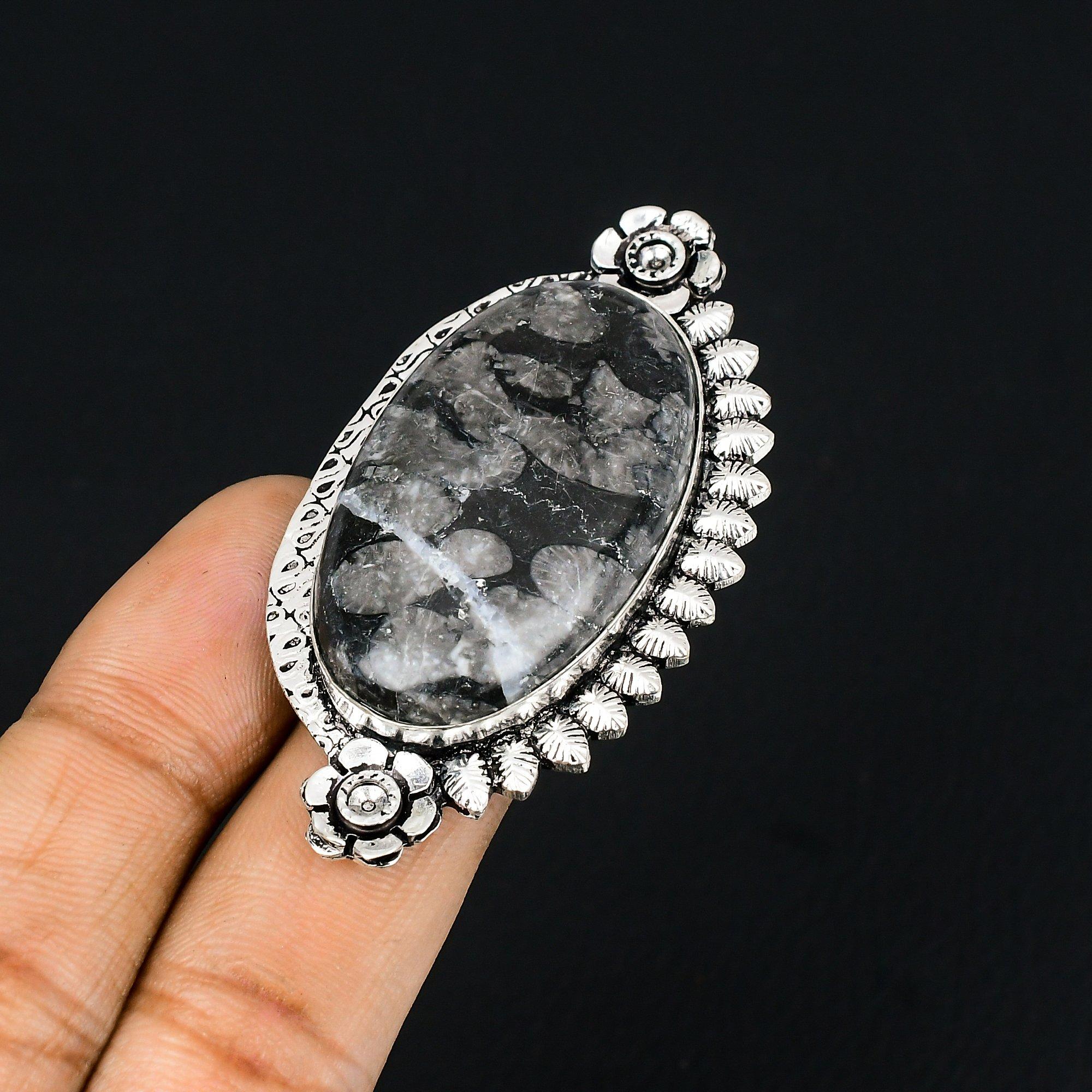 

Black Fossil Coral Stone Solitaire Flower Boho Ring Jewelry Size 6.5 925 Silver 6.5