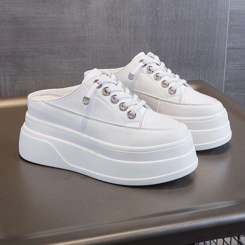 Meias-Pantufas Couro Genuíno Sapatos Casuais Femininos Plataforma Pantufas Femininas Cadarço Sapato Salto Branco Cano Baixo Calçado Feminino