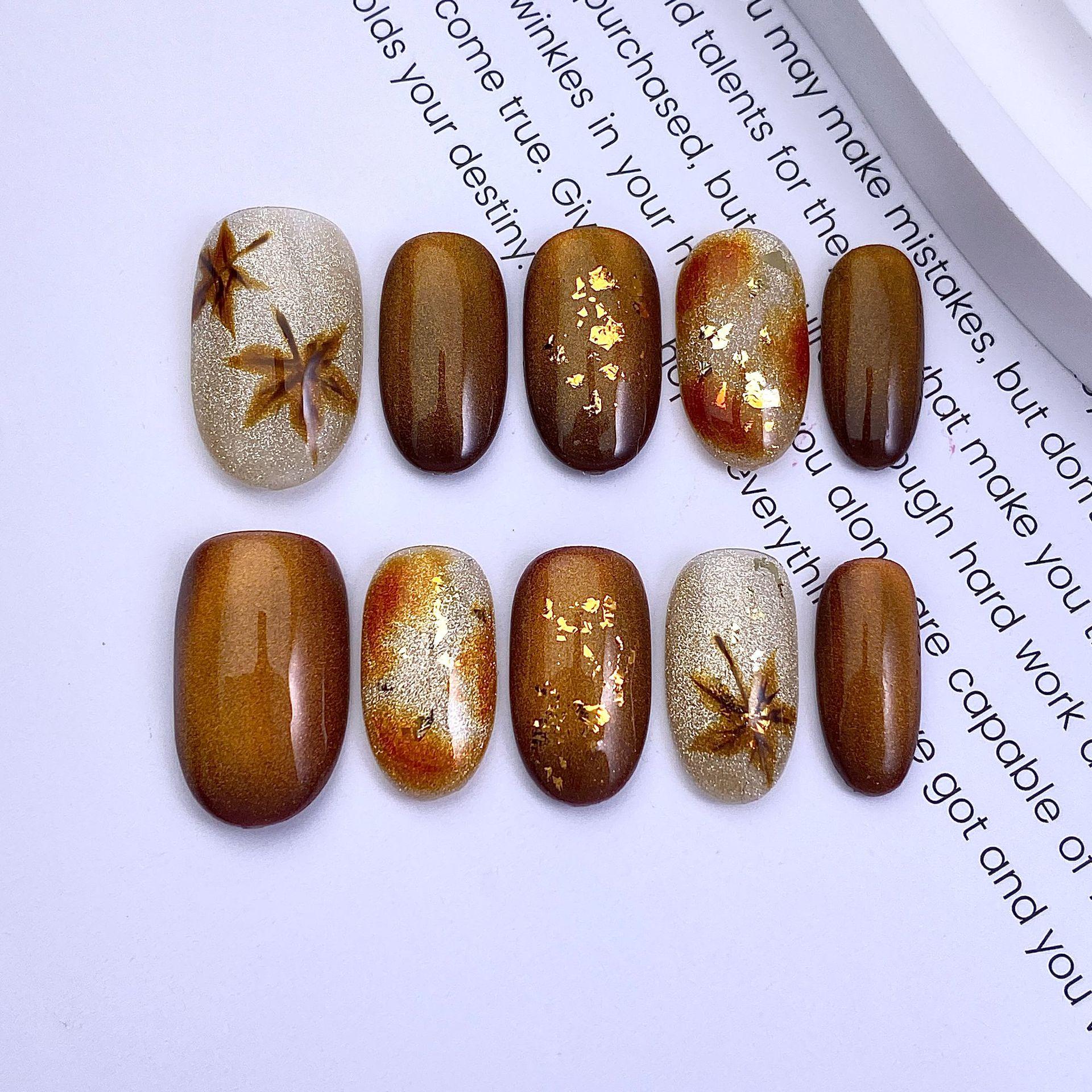Hand-Painted Maple Leaf Cat Eye Gradient Nail Tips - Short Oval, Autumn/Winter Nails Extra Small