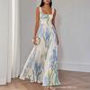 Women's Floral Print Maxi Dress with Ruffle Hem, Blue and Green Floral Pattern, Elegant A-Line Long Dress