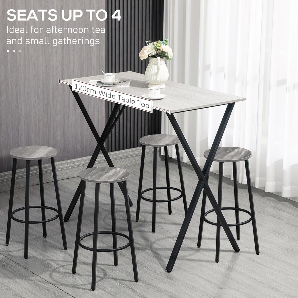 120 cm Rectangular Bar Table for 4 People, Modern Breakfast Bar Table with Wood Effect Tabletop, Steel Legs, Coffee Desk for Living Room, White