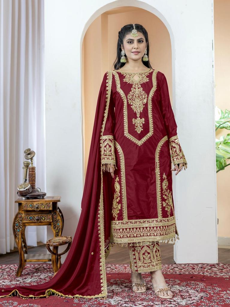 Party Wear Women Designer Salwar Kameez Indian Bollywood Heavy Chinon Silk Salwar Suit Dress