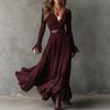 Bohemian Suede Waist Deep V-neck Lace Splicing Ruffle Vibe Dress Dress