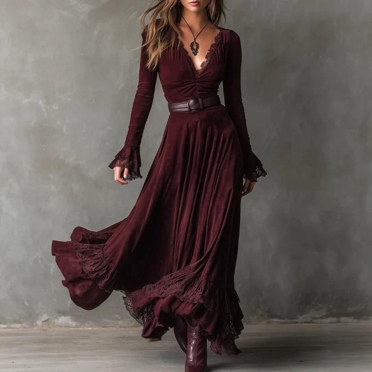 Bohemian Suede Waist Deep V-neck Lace Splicing Ruffle Vibe Dress Dress