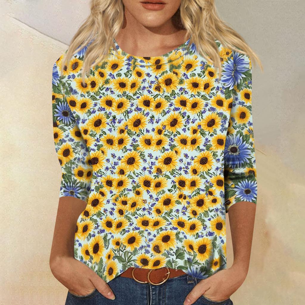 Top T-shirt casual alla moda da donna con scollo rotondo, manica a tre quarti e stampa