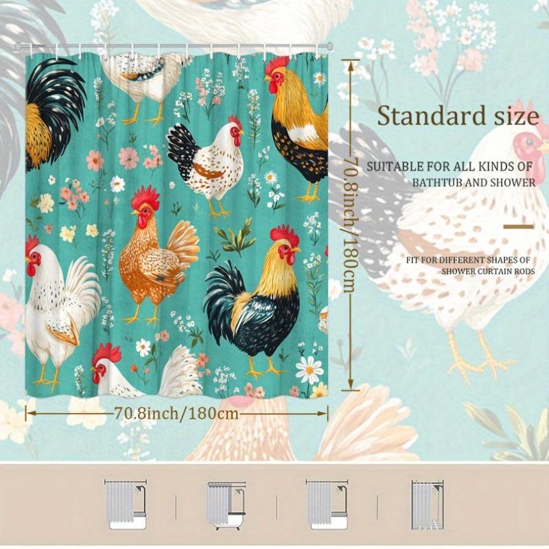 1pc Chicken Pattern Shower Curtain - Teal Background, Pink & Yellow Flowers, Detailed Feathers, Hand-Painted Look, 70.8x70.8"