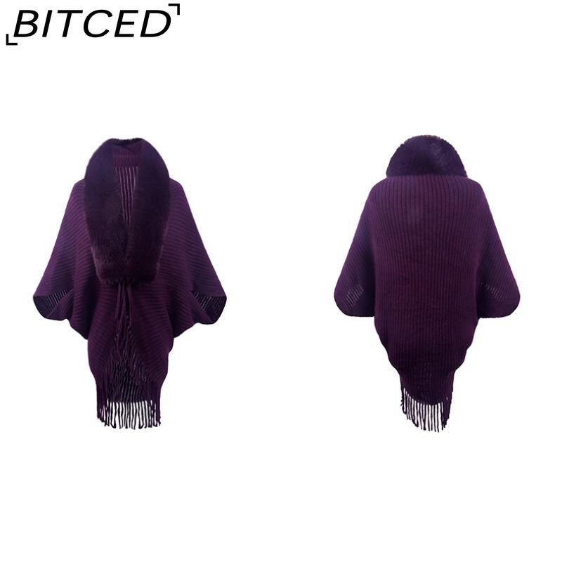 BITCED Autumn/Winter Fringe Shawl with Fur Collar – Women's Knitted Cape Coat