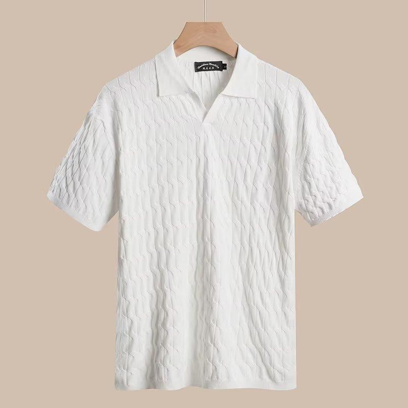 Men's Knitted Jacquard Polo Shirt Casual Stripe V Neck Solid Color Short Sleeve T Shirt Breathable Light Luxury Clothing