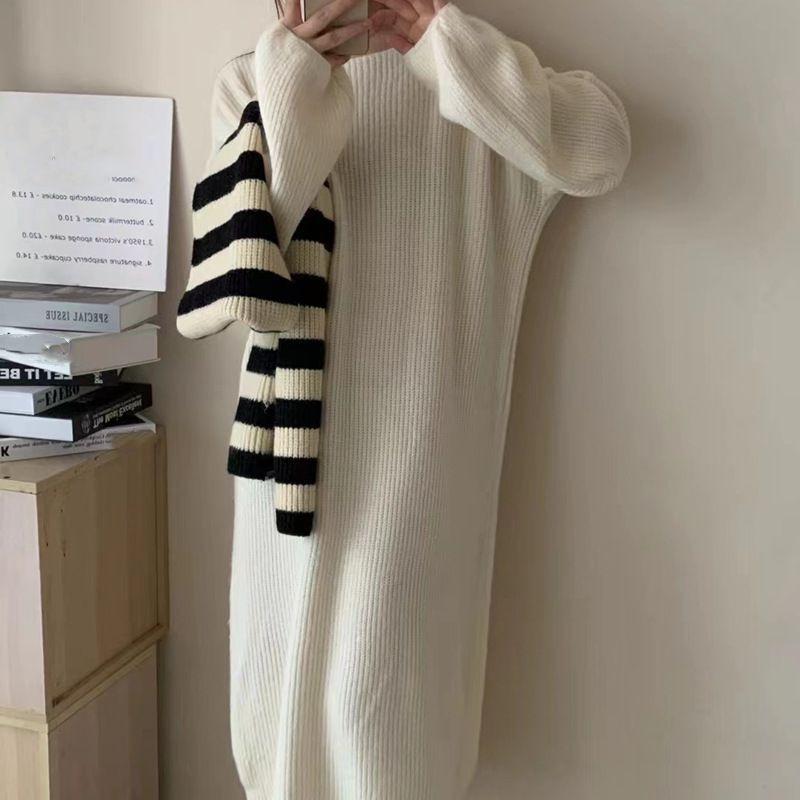One-word shoulder thin medium and long sweater skirt women's autumn and winter new loose inner knitted dress women