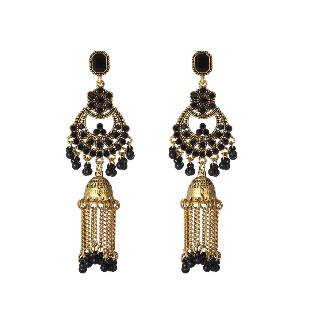 Bohemian Rhinestone Tassel Earrings: Retro Ethnic Floral Design for Women