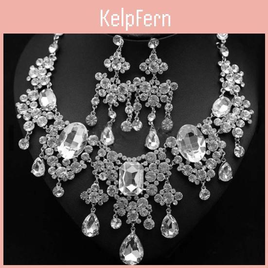 Full 2pcsset Shiny Rhinestone Tassel Bridal Statement Bib Necklace Earrings