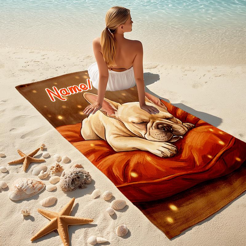 1PC Custom Name Sleepy French Bulldog Comfort Beach Towel Highly Absorbent And Sand-Resistant Towel for Swimming, Pool, Yoga, And Travel Lightweight