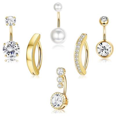 Stainless Steel Belly Button Ring with Cubic Zirconia - European and American Style, Inverted Body Piercing Jewelry Set