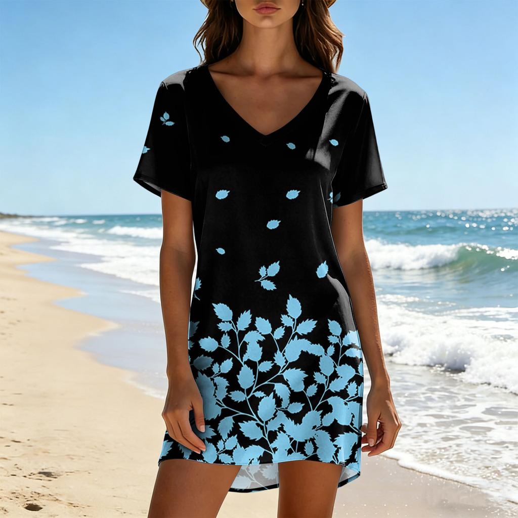 Womens V Neck Short Sleeve Casual Dress Floral Print Lightweight Summer Tunic Dress for Daily Wear Beach Cover Up
