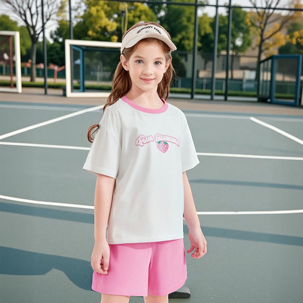 Girls' Round Neck Printed Short-Sleeved Top and Casual Shorts Set
