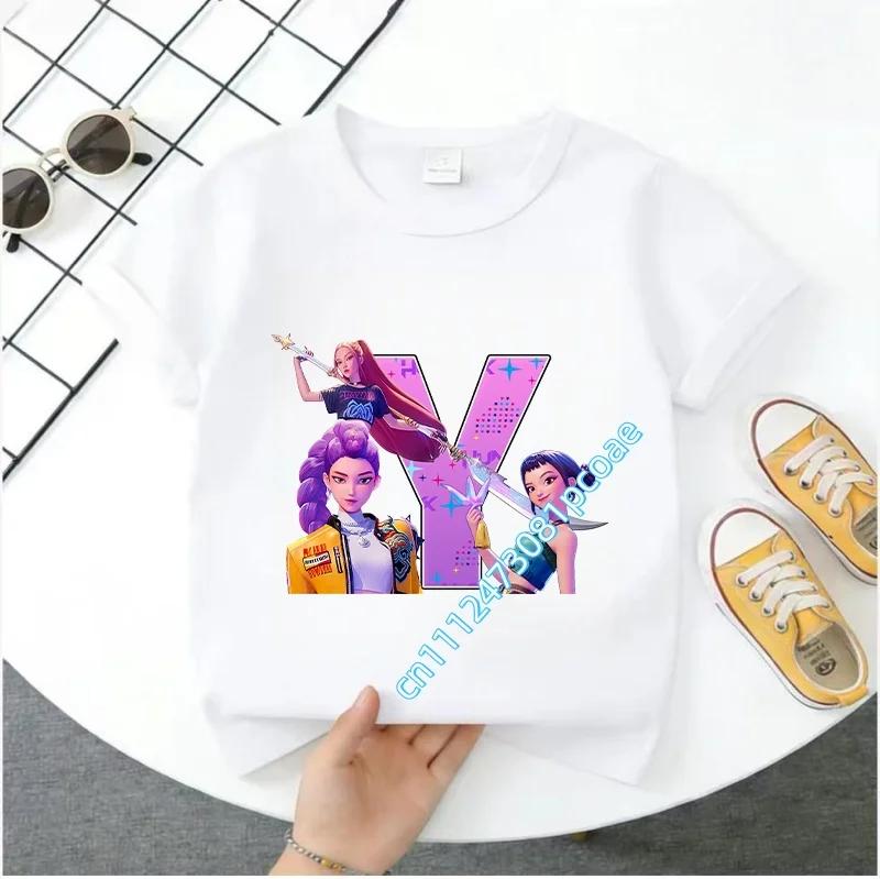 K Pop Demon Huntersd Children's Short-Sleeved Girls' Casual Shirt - Summer Pure Polyester T-Shirt with Letter A-Z Cartoon Print