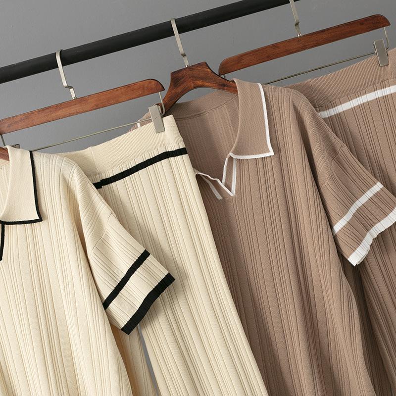 New Summer Polo Collar Short Sleeve Fashion Casual Loose Versatile Thin High Waist Knitted Suit Women